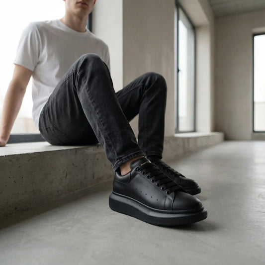 Person wearing black sneakers sitting on a concrete ledge indoors.
