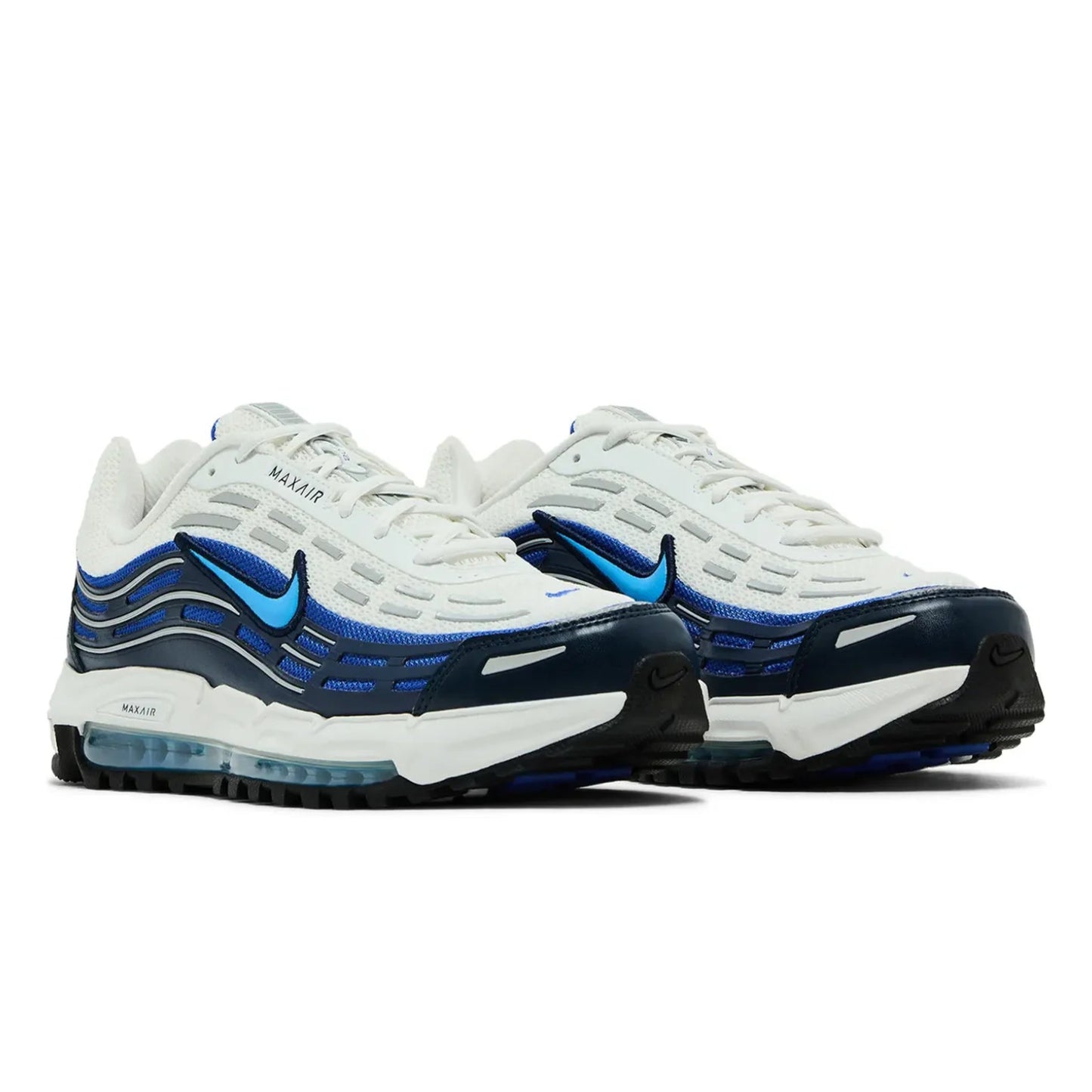 White and blue sneakers with a prominent brand logo on a white background