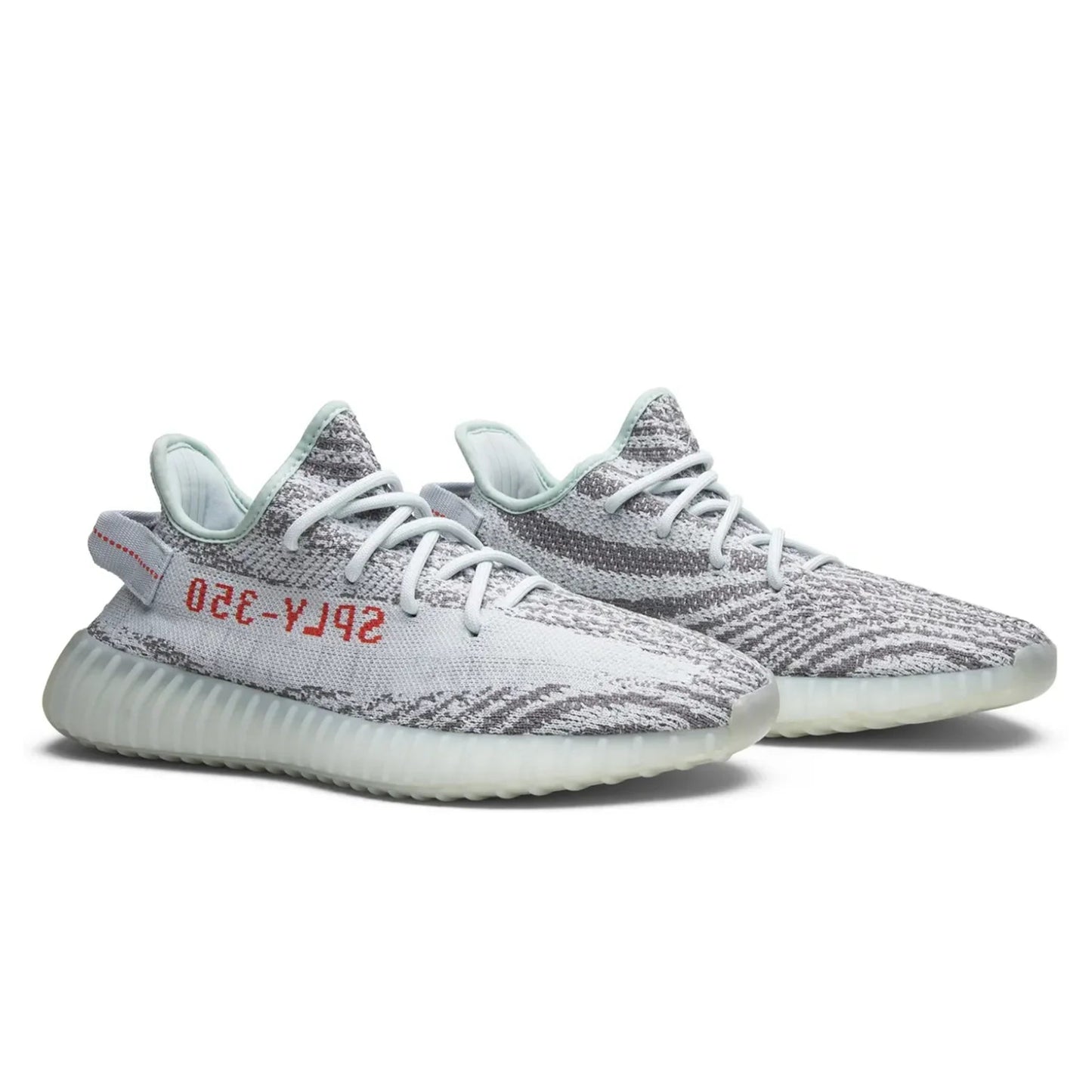 Gray and white sneakers with red text on a white background