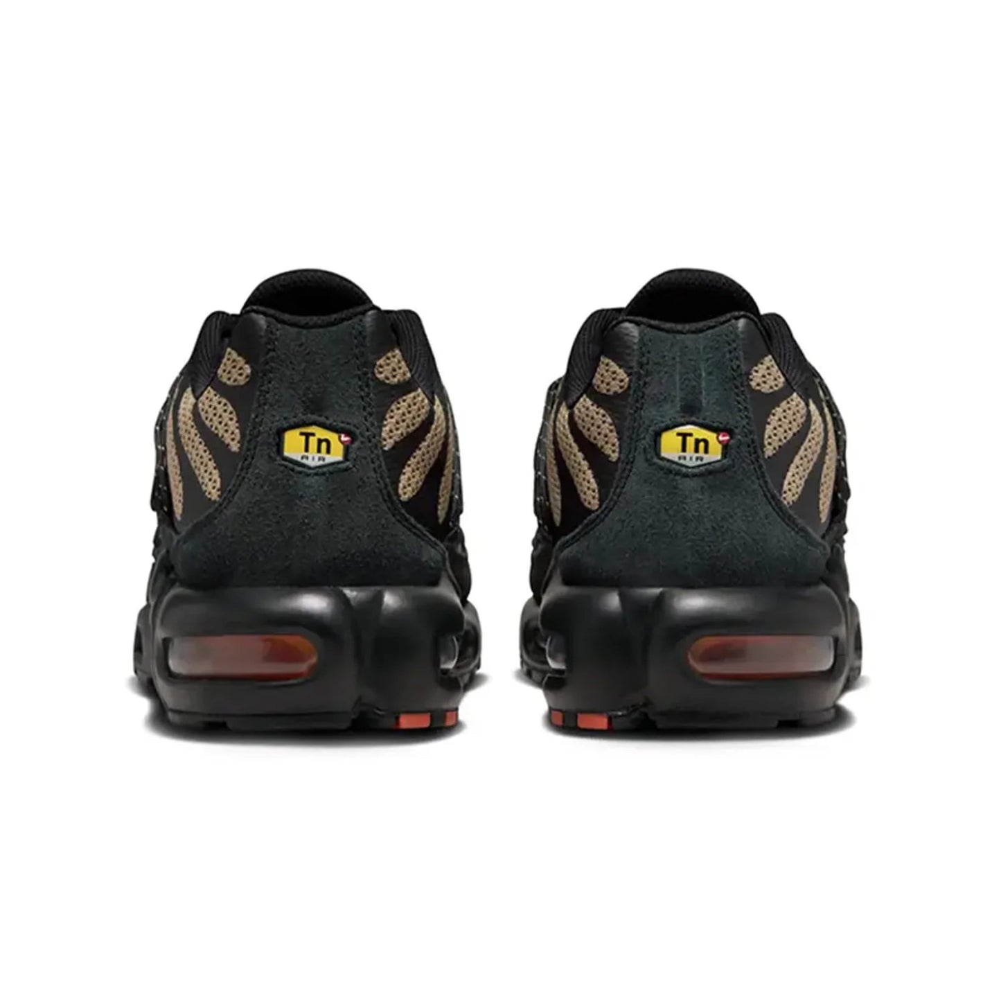 Black athletic shoes with brand logo on a white background