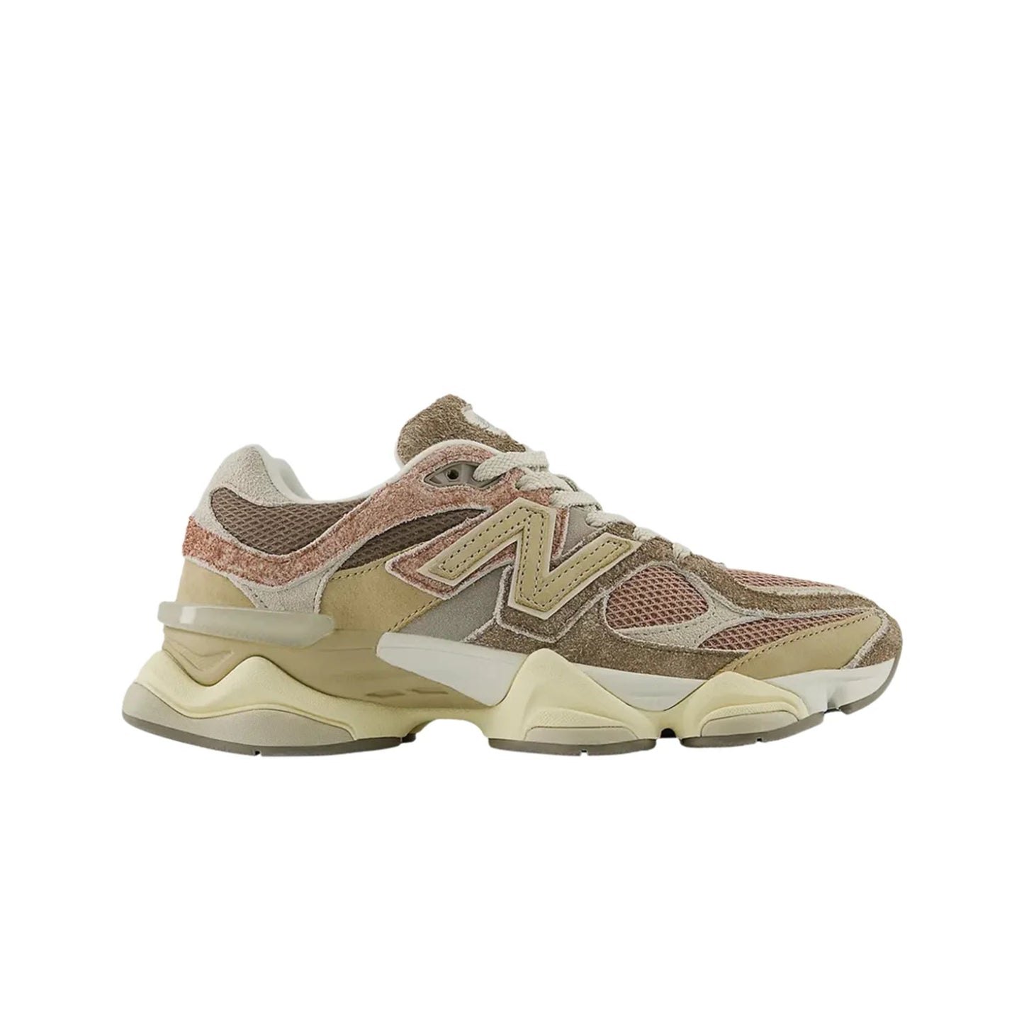 Beige and brown sneaker with New Balance logo on a white background