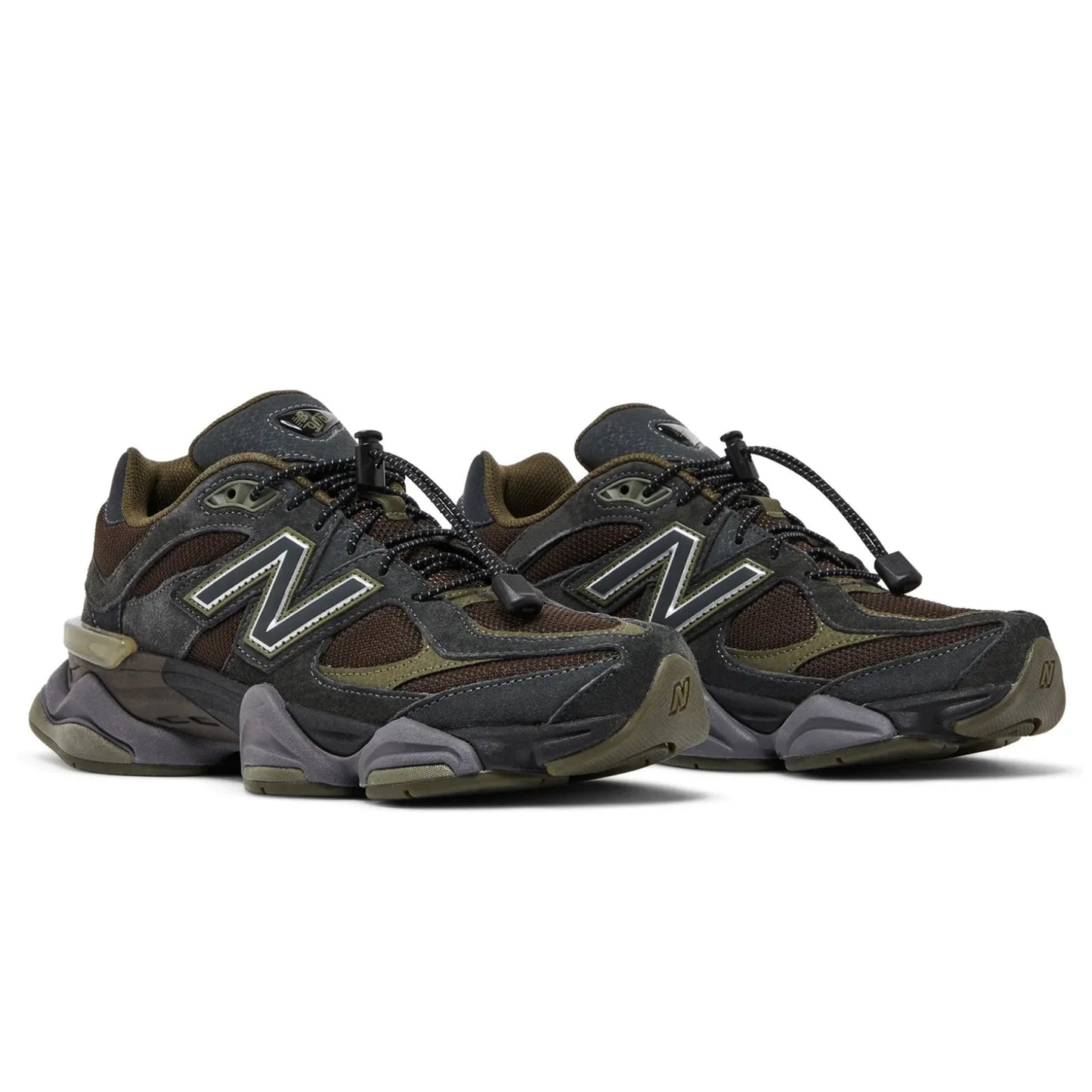 Pair of brown and gray sneakers with New Balance logo on a white background