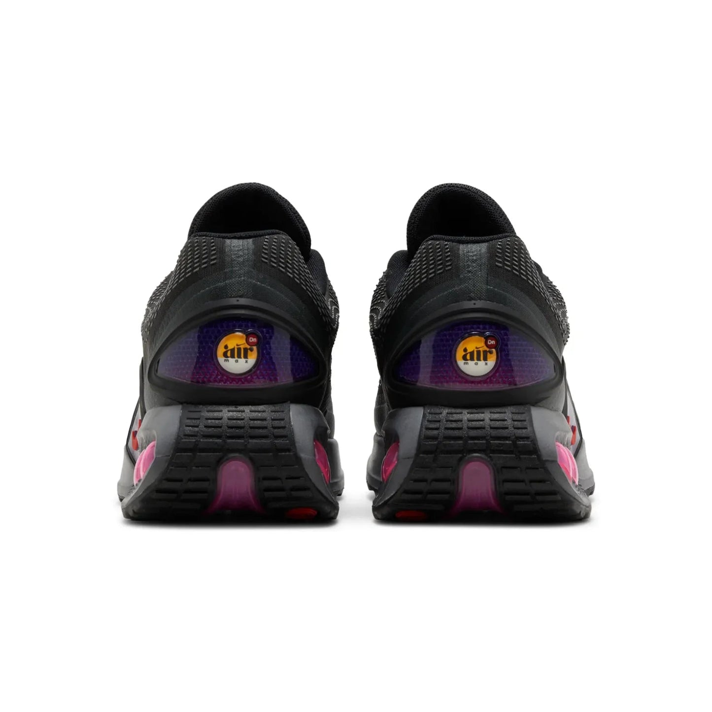 Black athletic shoes with purple accents on a white background