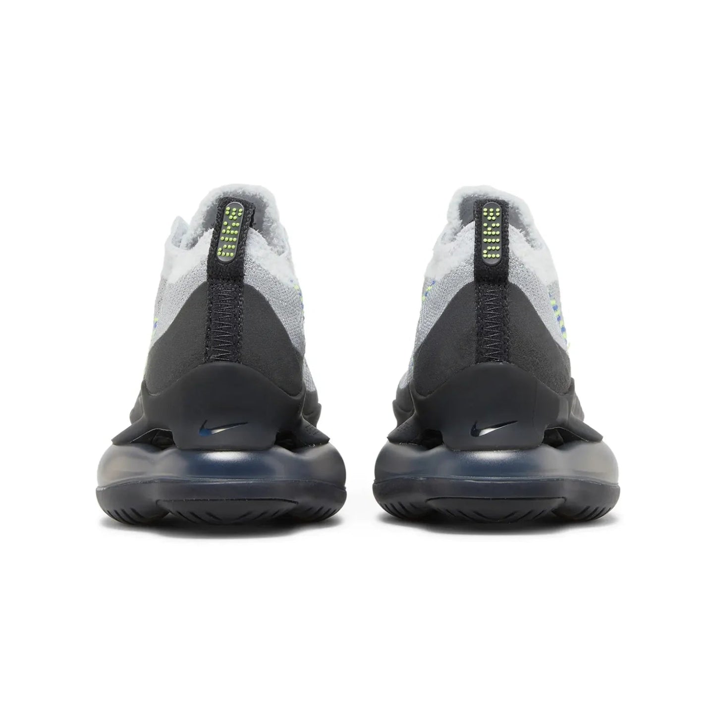 Back view of a pair of black and gray sneakers on a white background