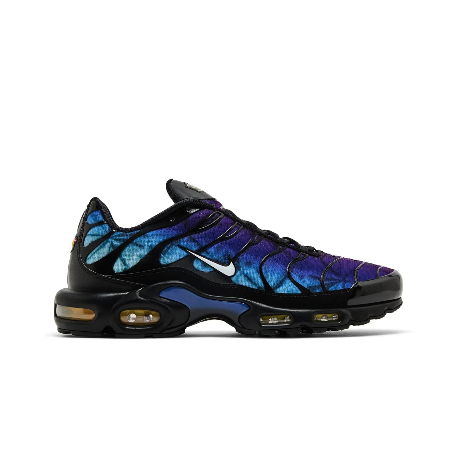 Black and blue sneaker with a prominent brand logo on a white background