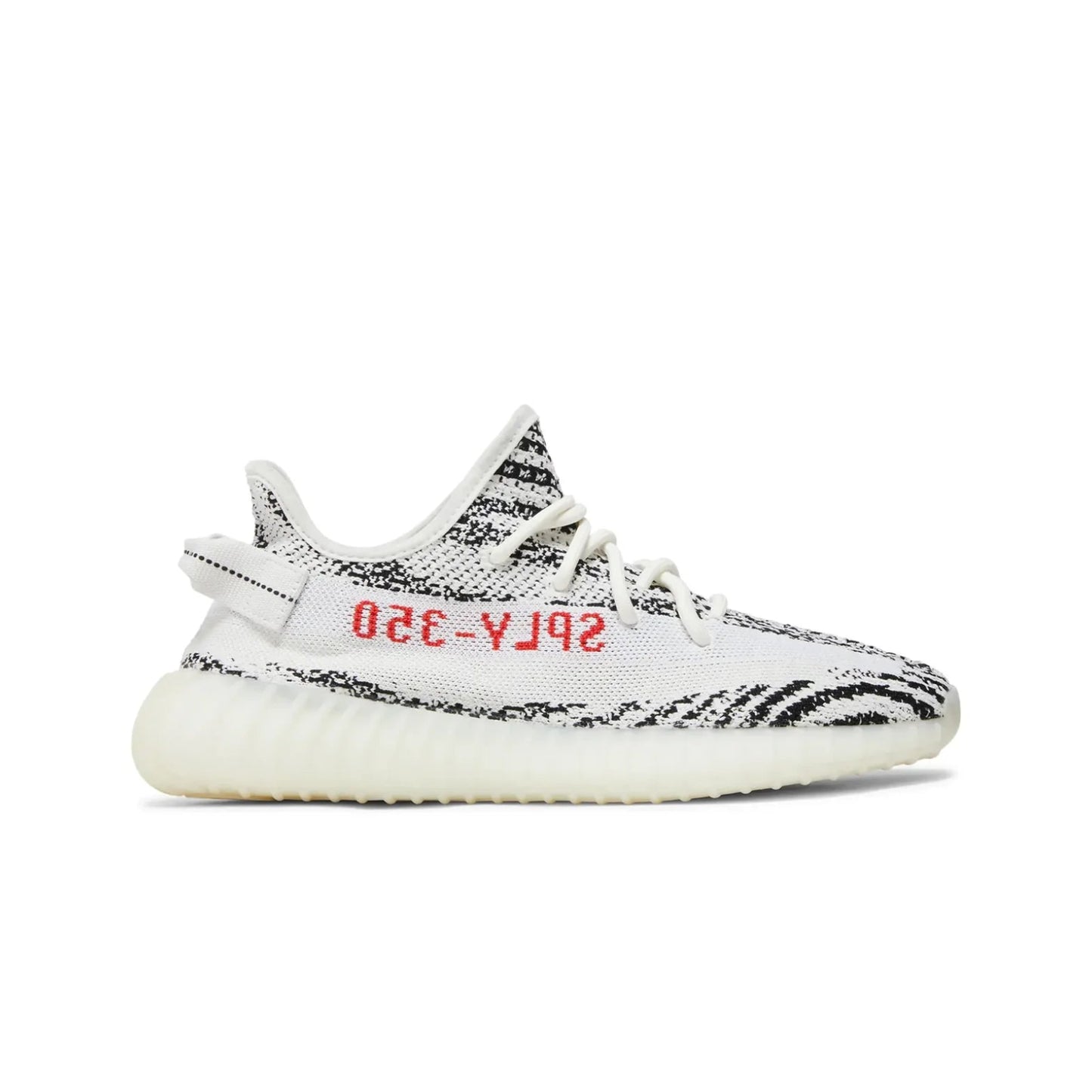 White sneaker with black pattern and red text on a white background