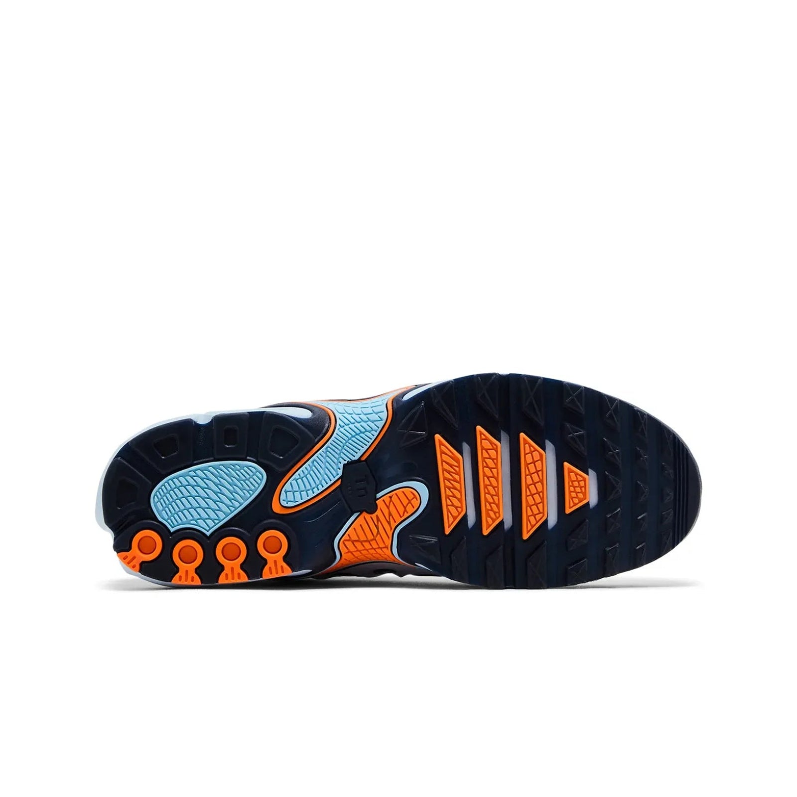 Sole of a sports shoe with orange and blue design on a white background