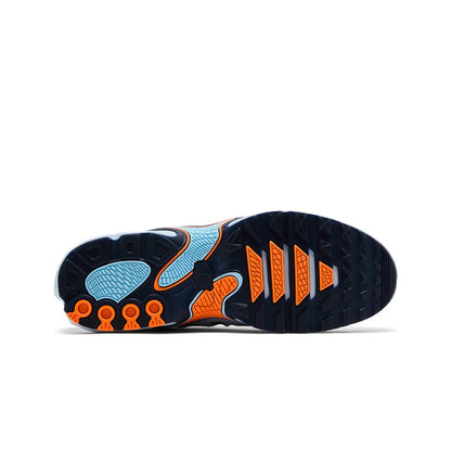 Sole of a sports shoe with orange and blue design on a white background