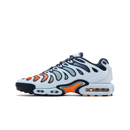 Sneaker with white, orange, and blue design on a white background