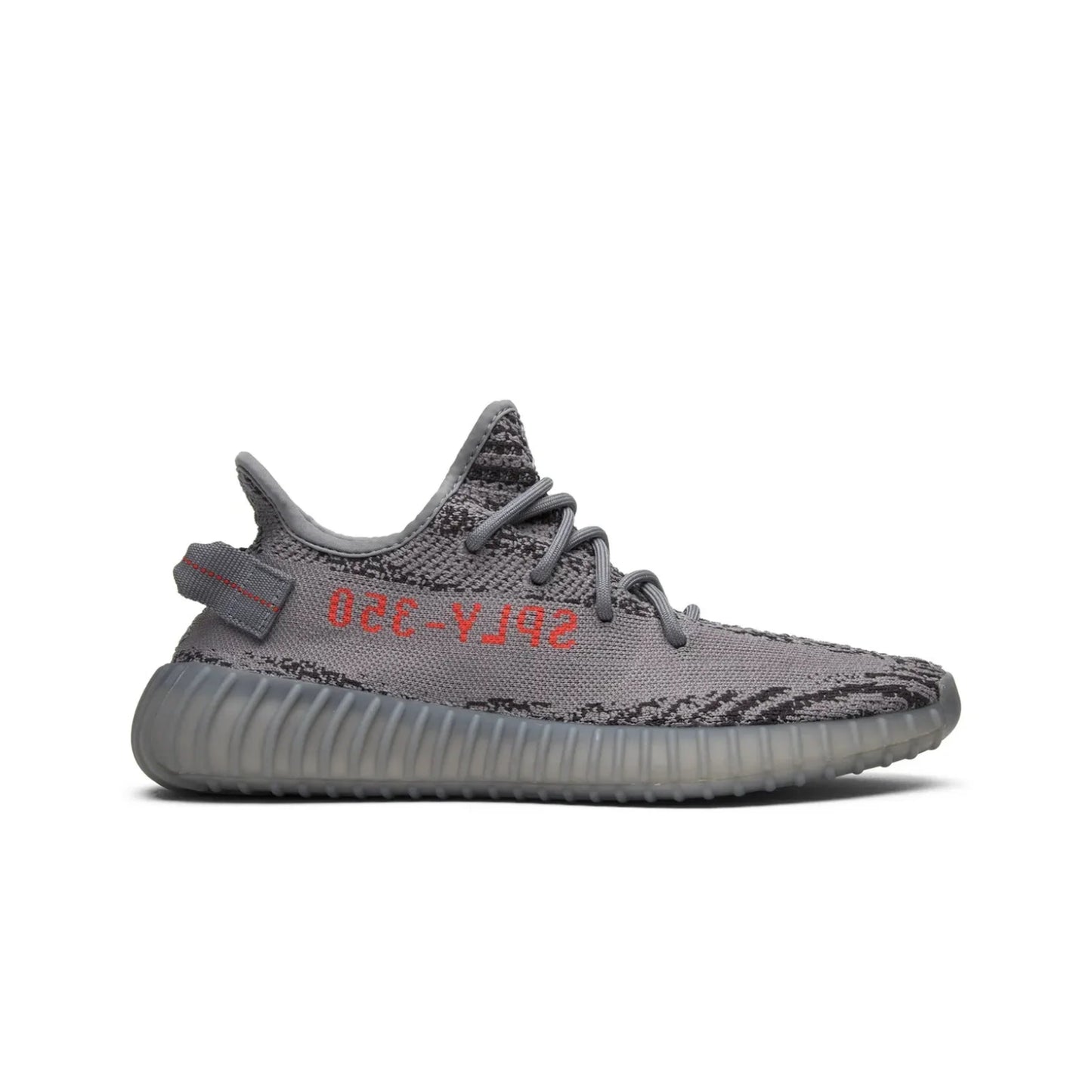 Gray sneaker with red text on a white background