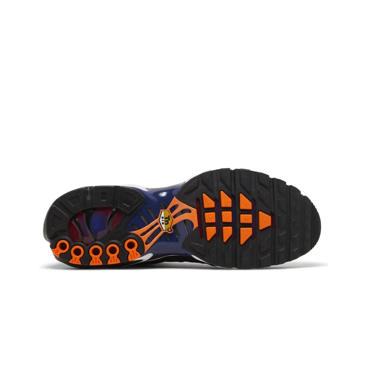 Sole of a black and orange sneaker on a white background