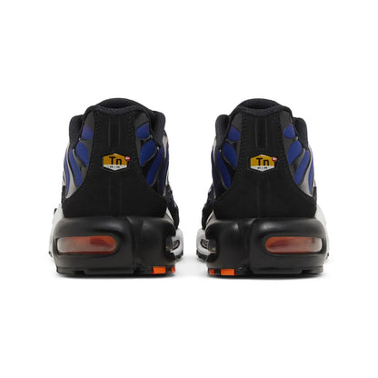 Black and blue sneakers with visible brand logo on a white background