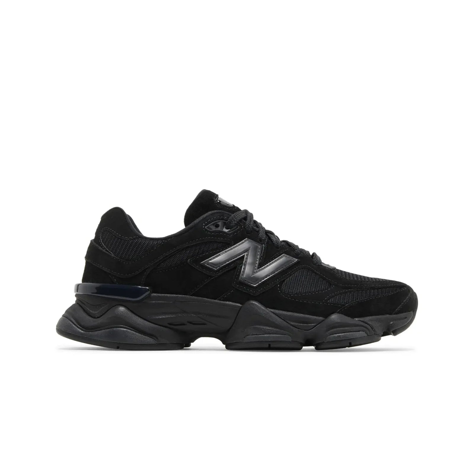 Black sneaker with New Balance logo on a white background