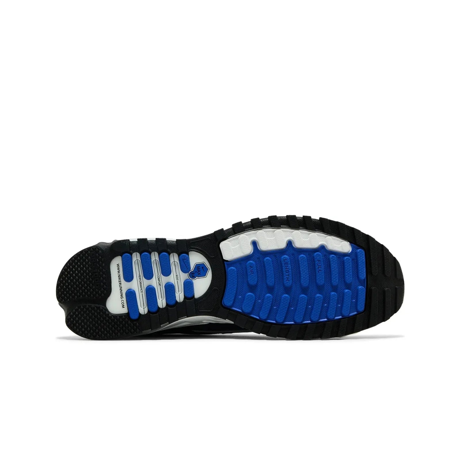 Sole of a black shoe with blue and white sole pattern on a white background