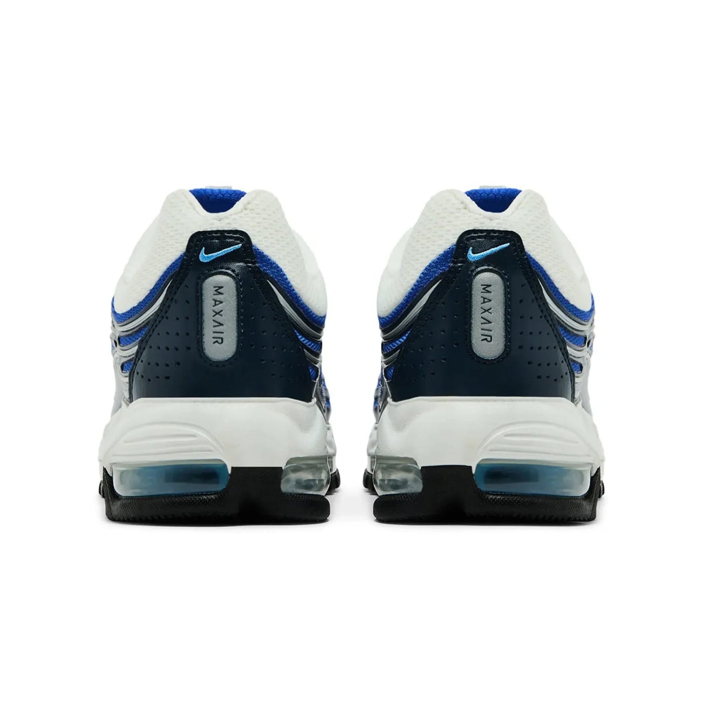 Pair of Nike Air Max shoes with blue and white design on a white background