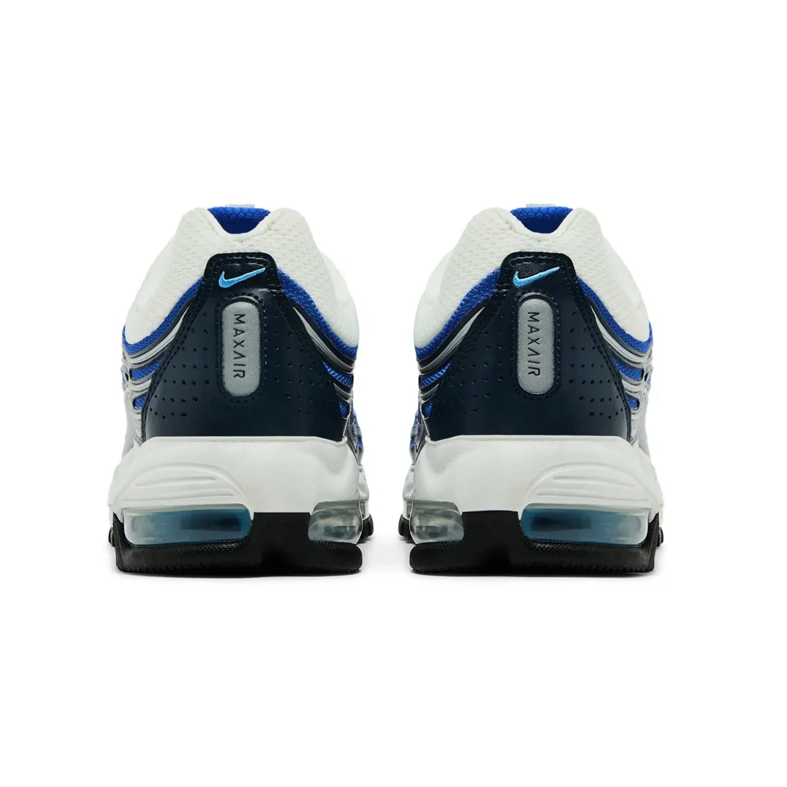 Pair of Nike Air Max shoes with blue and white design on a white background