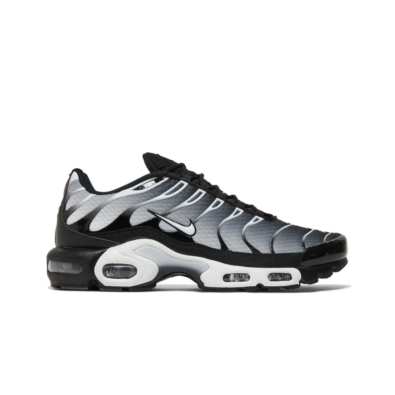 Black and white sneaker with Nike logo on a white background