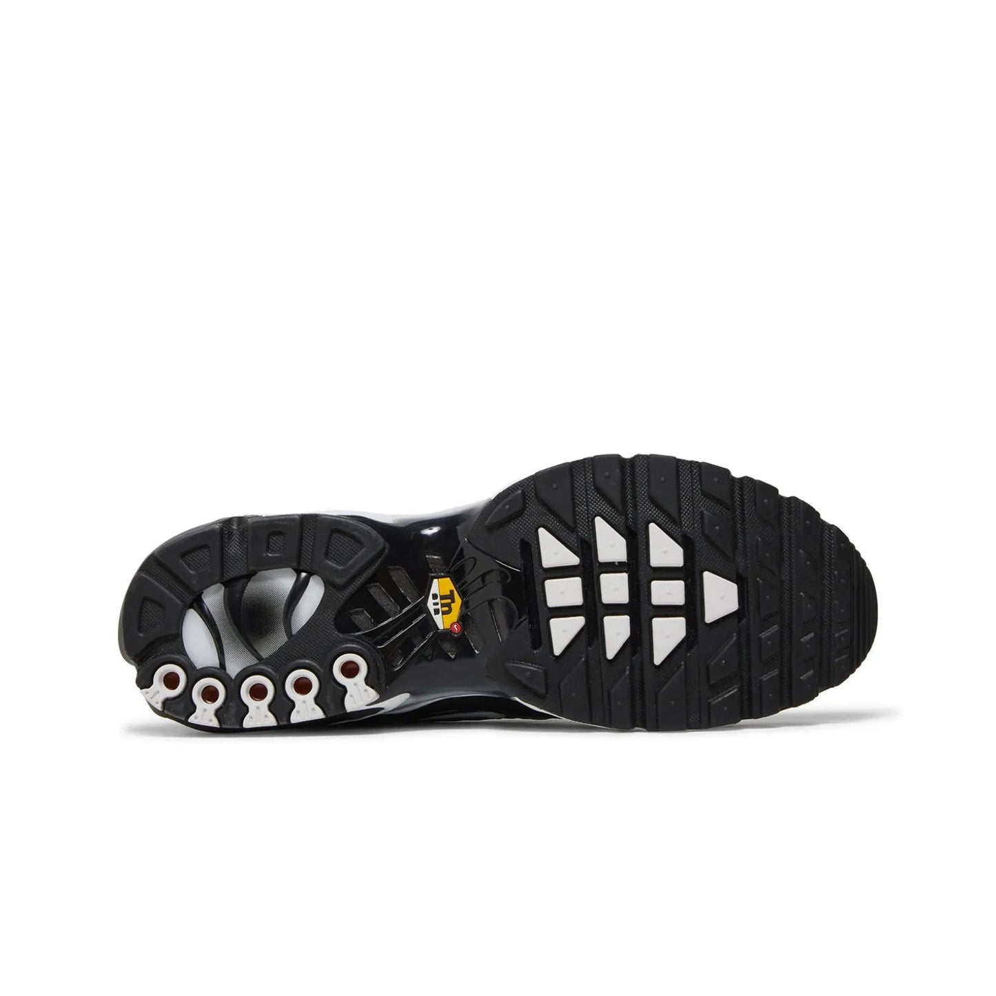 Black and white sole of a shoe with brand logo on a white background