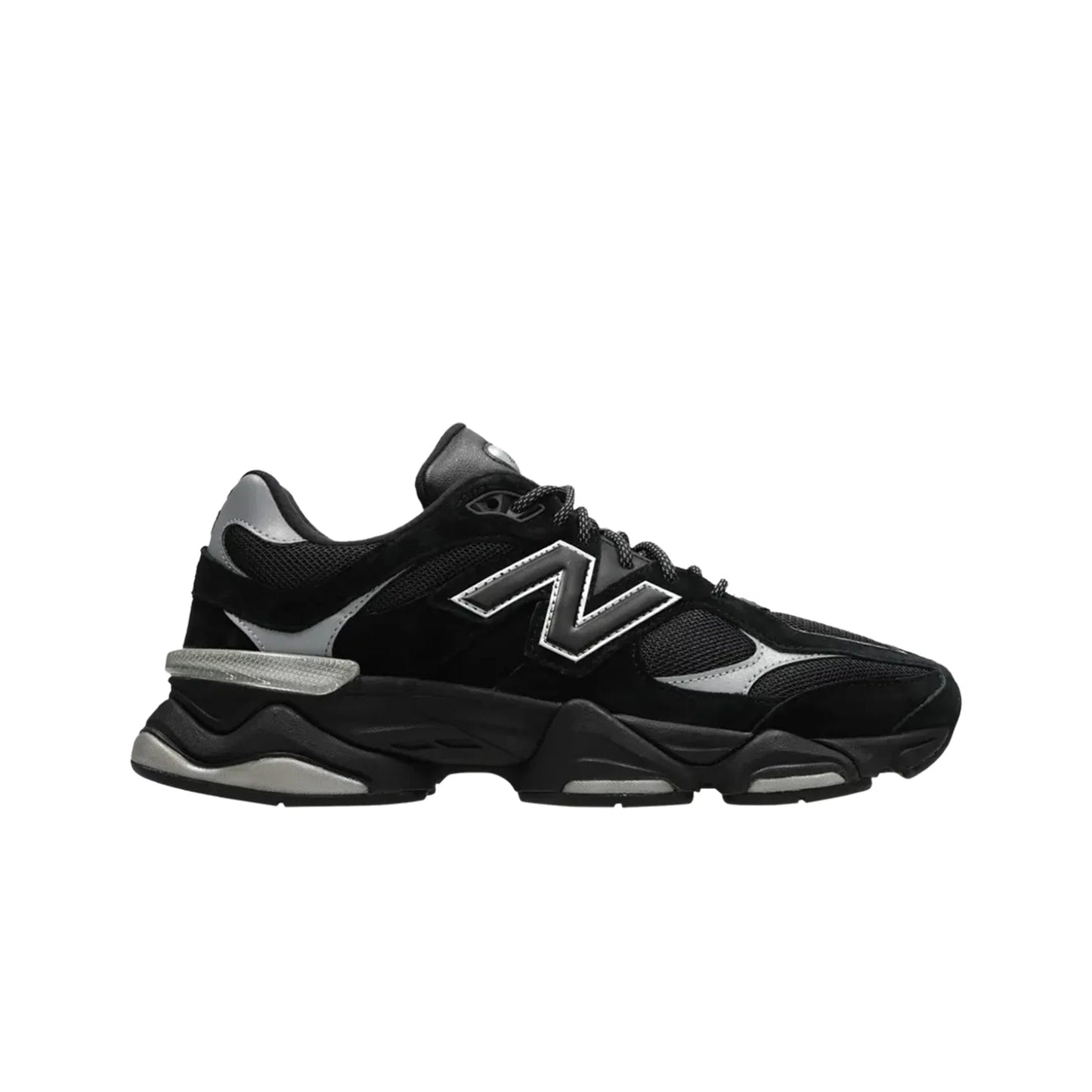 Black sneaker with a brand logo on a white background