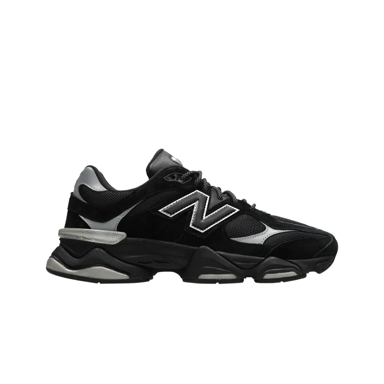 Black sneaker with a brand logo on a white background