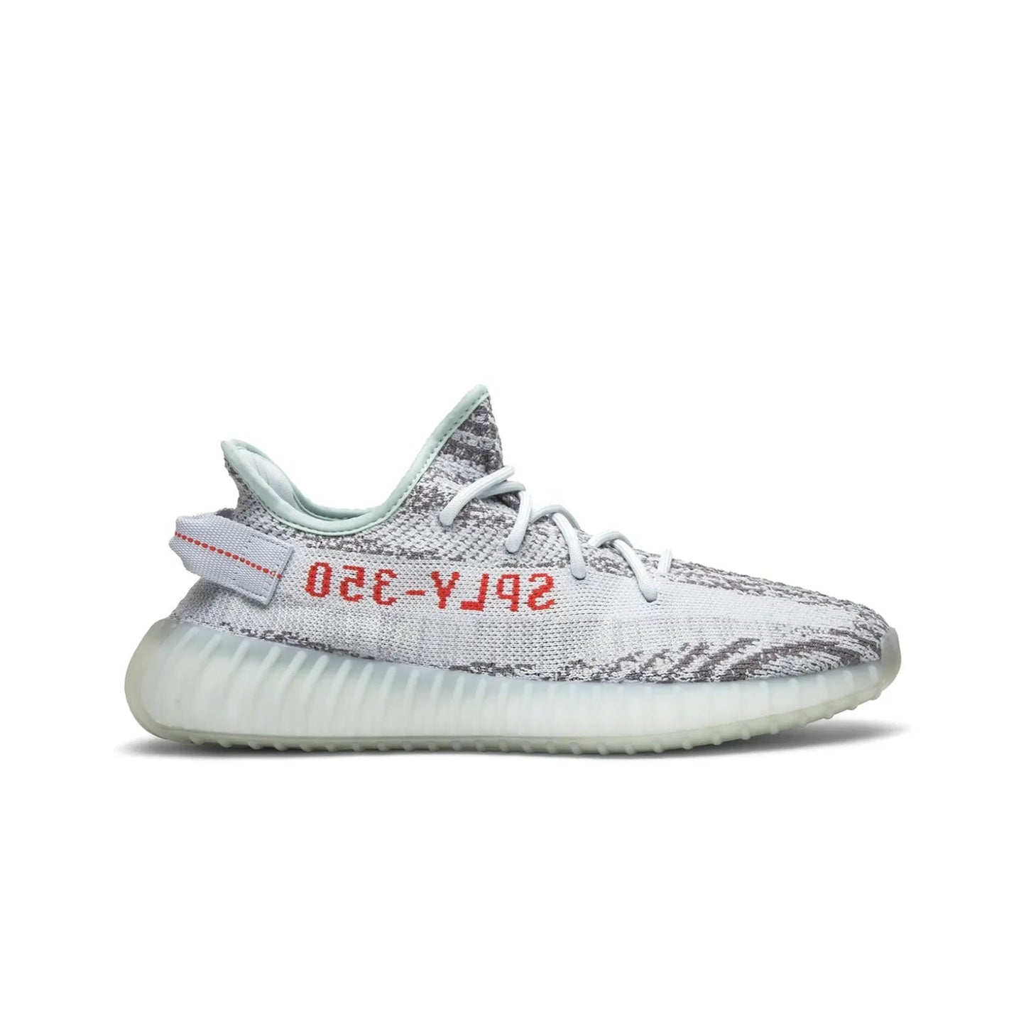 White sneaker with red text on a white background
