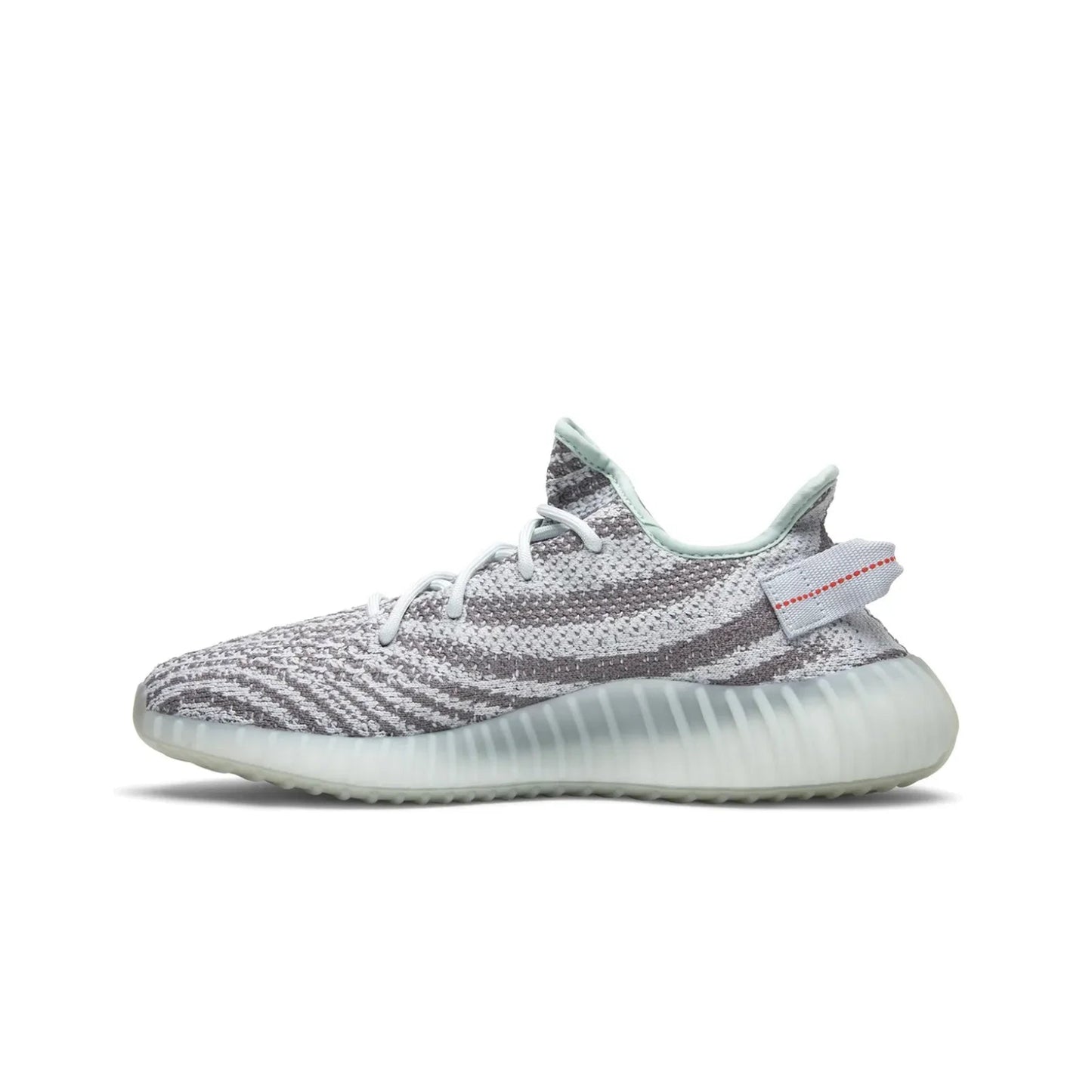 Gray and white sneaker with a visible brand logo on a white background