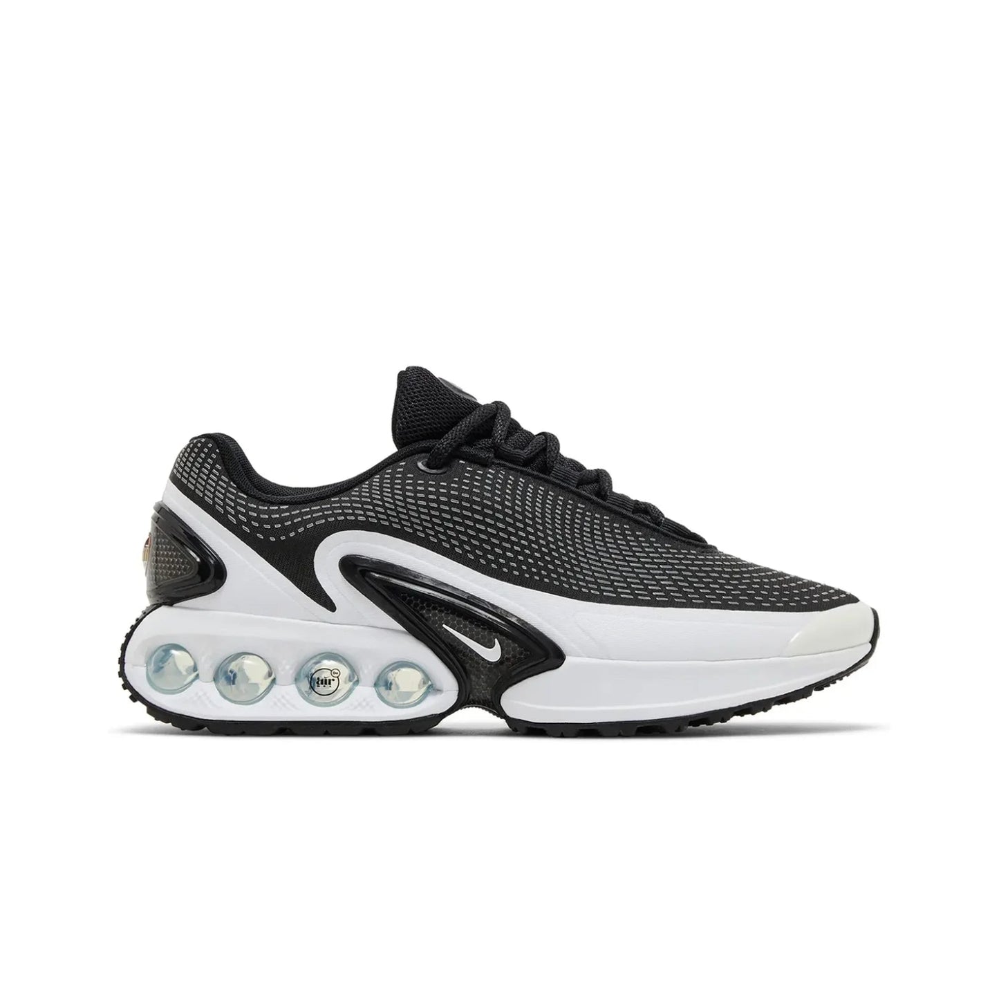 Black and white sneaker with unique sole design on a white background