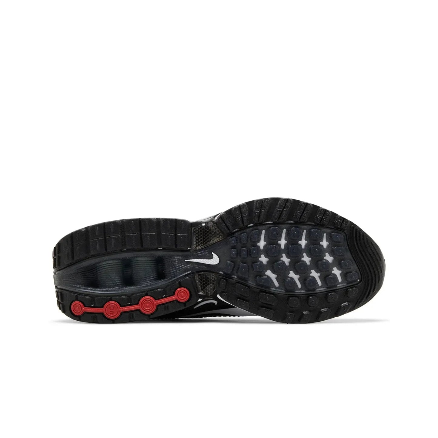 Black athletic shoe with red accents on a white background
