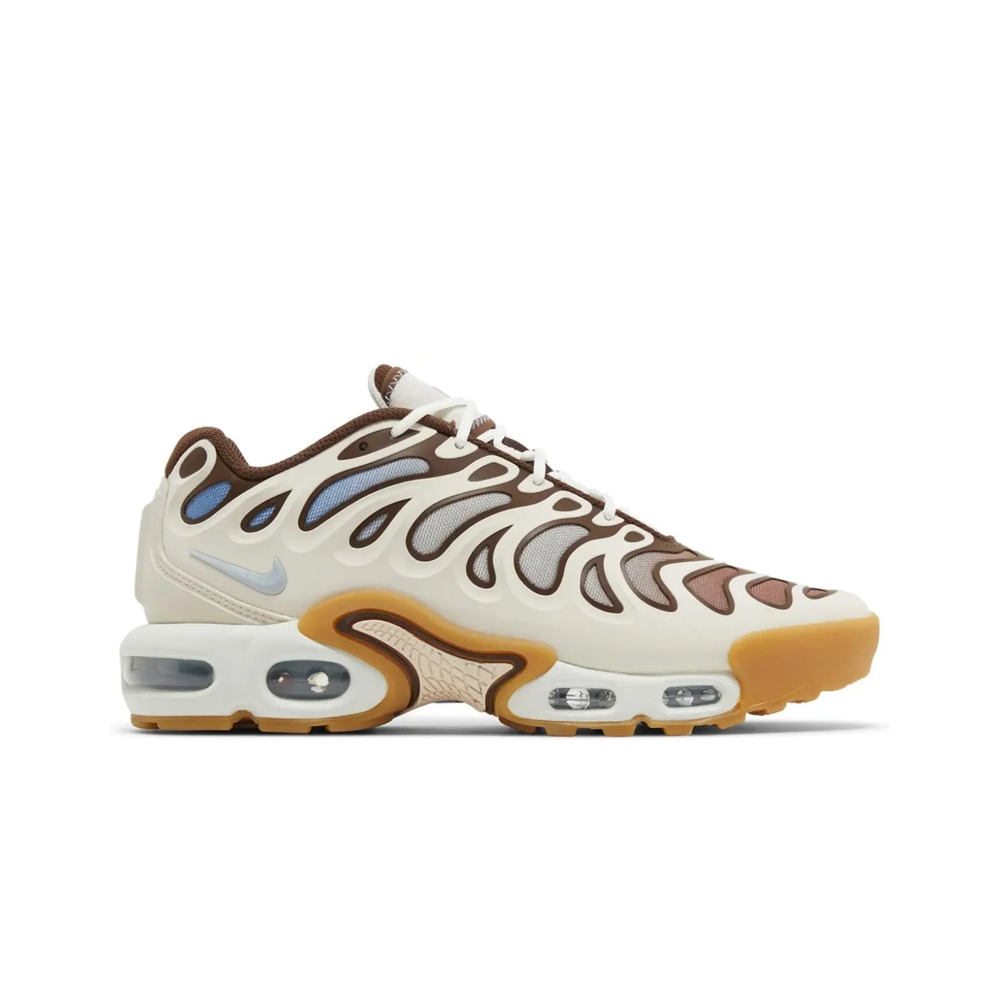 Sneaker with brown and beige design on a white background
