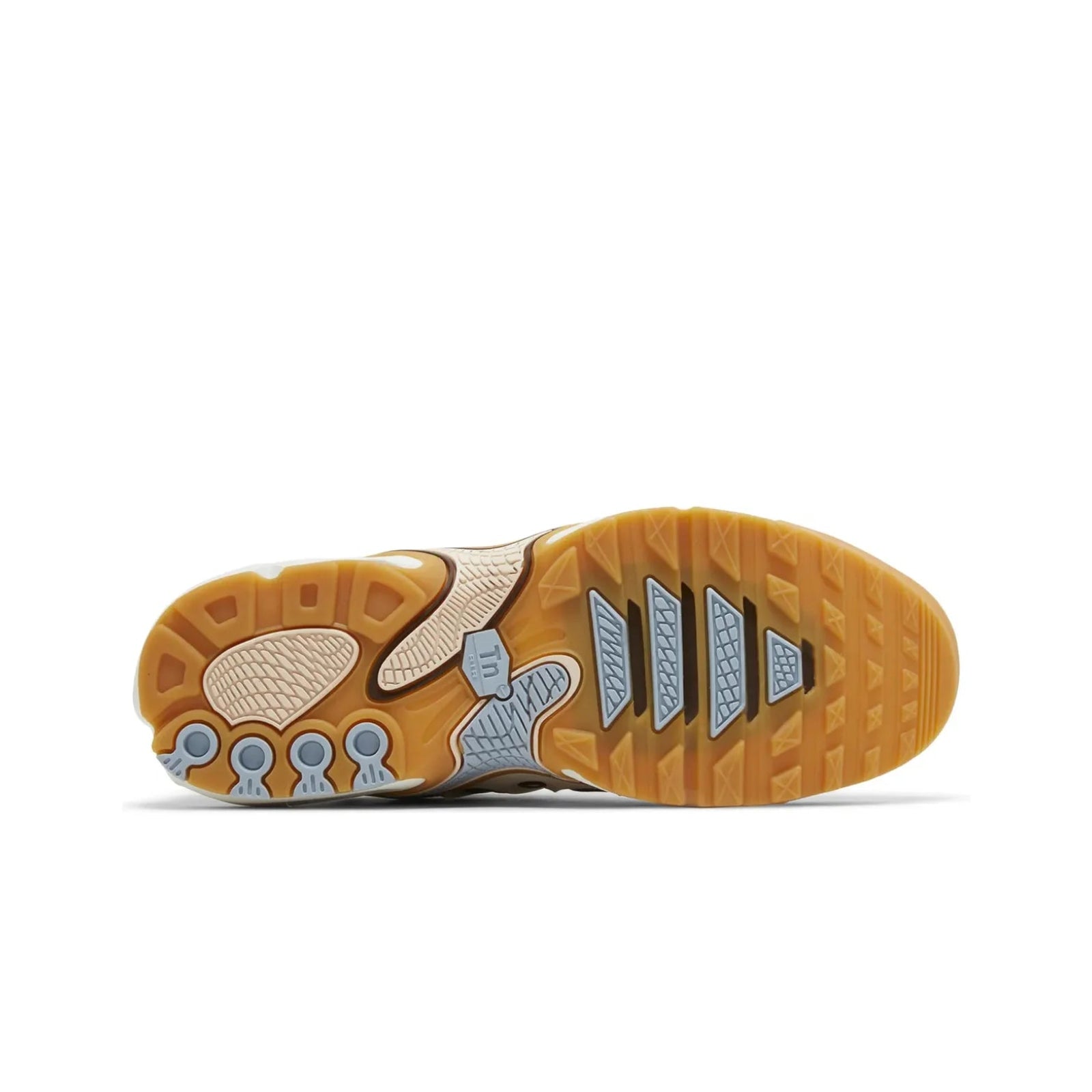 Close-up of a shoe sole with a brand logo on a white background