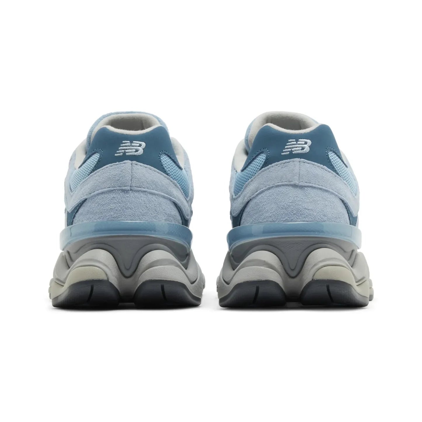 Pair of blue running shoes with a visible brand logo on a white background
