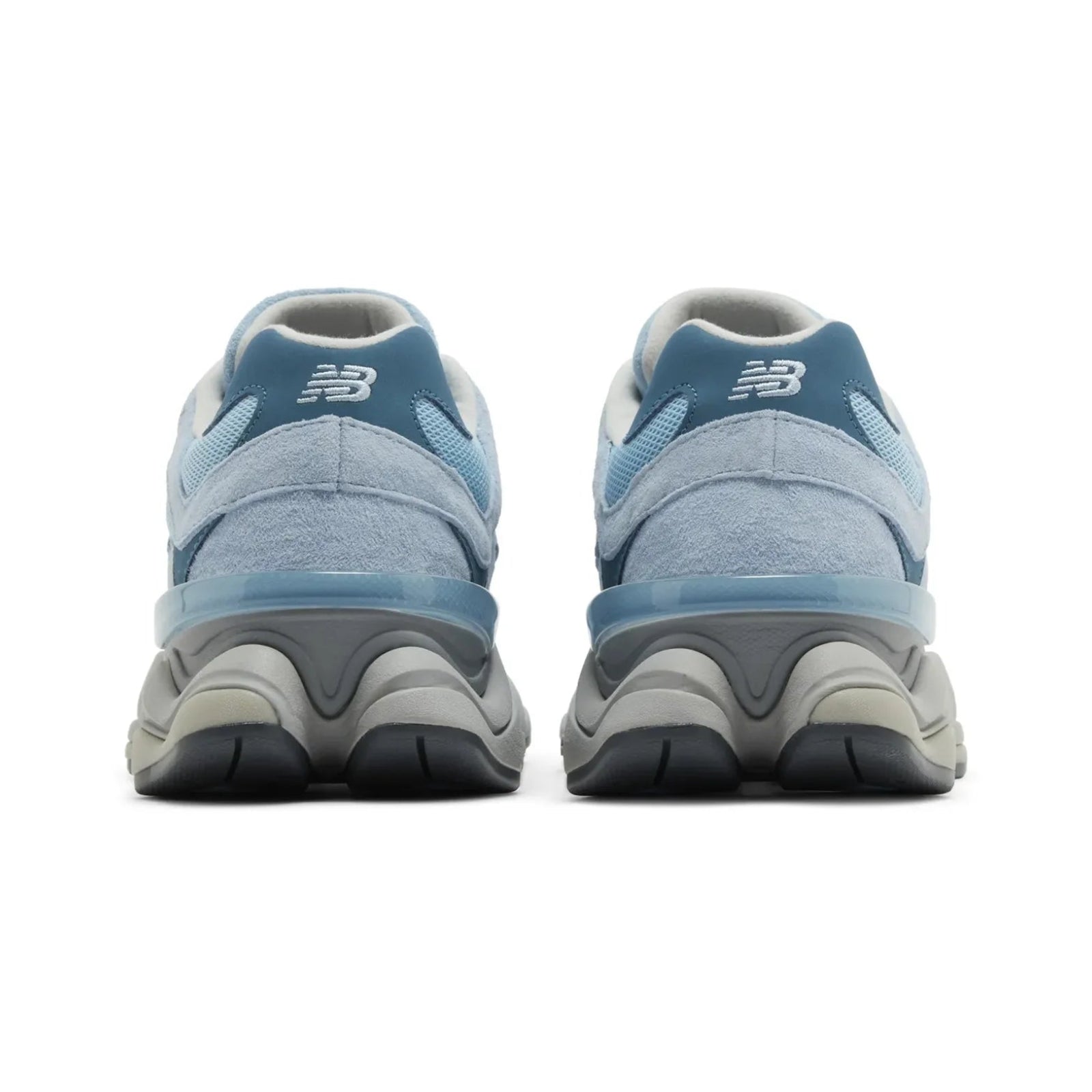 Pair of blue running shoes with a visible brand logo on a white background