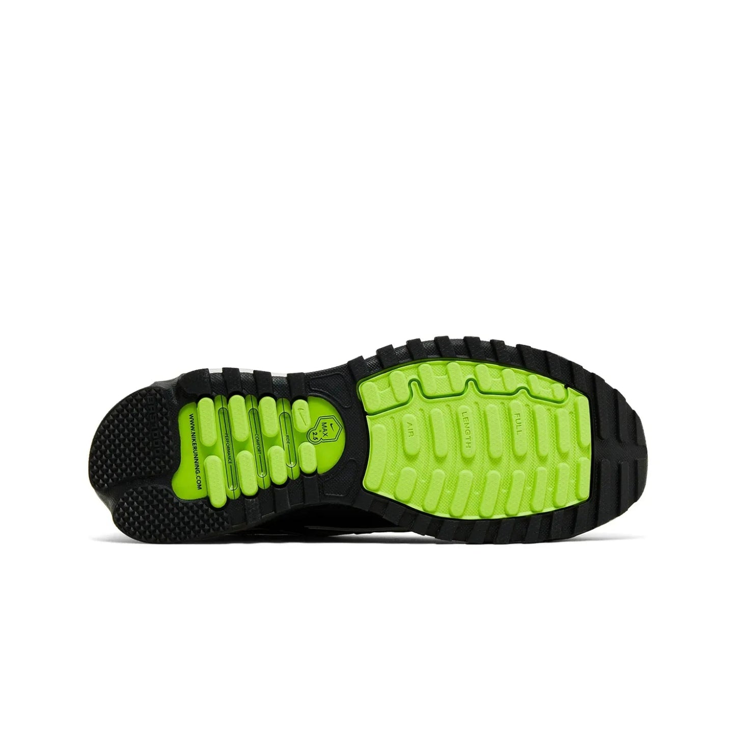Black and green sole of a shoe on a white background