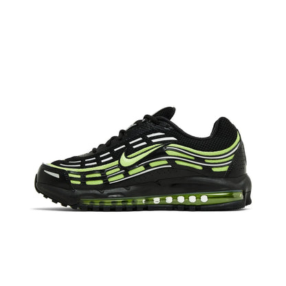 Black and green sneaker with visible air cushion on a white background