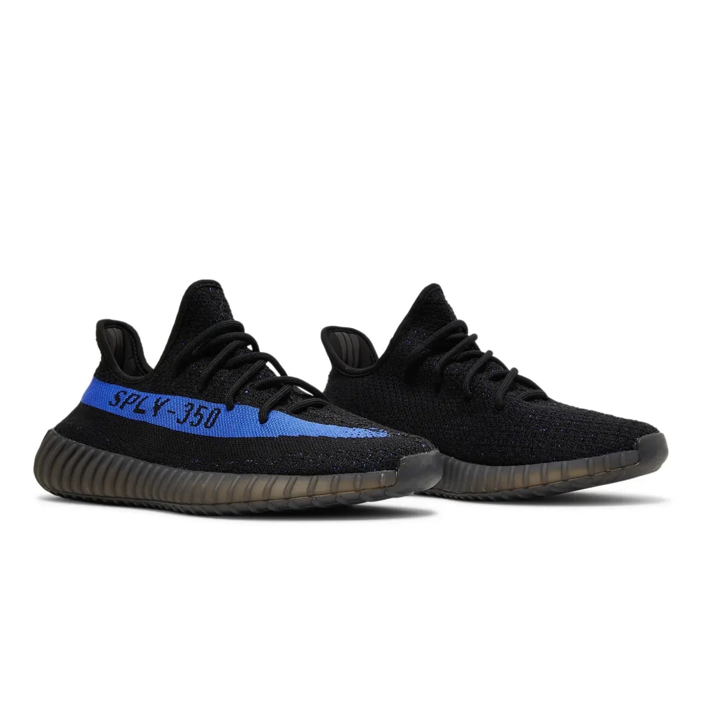 Black sneakers with a blue stripe on a white background