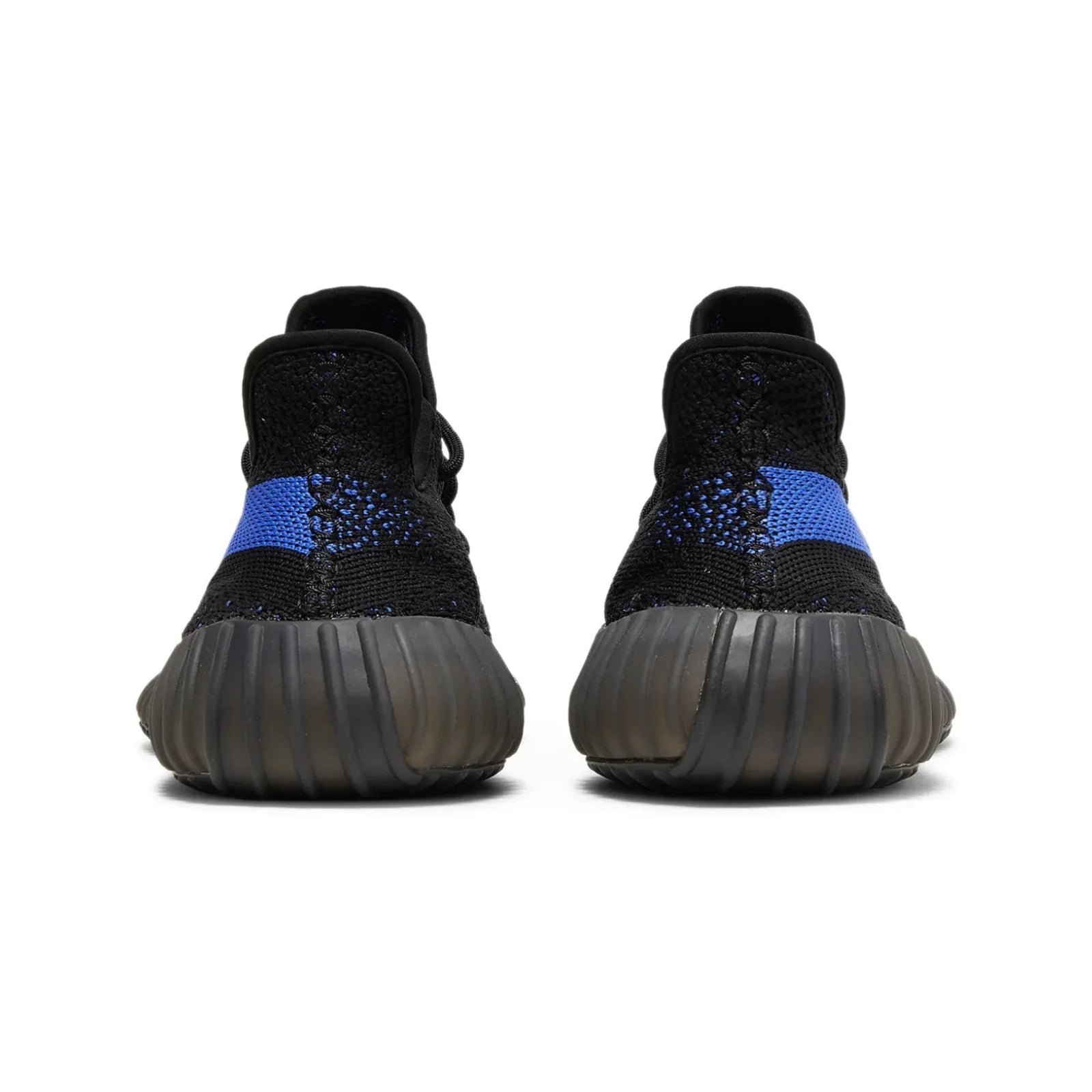 Black and blue sneakers with a thick sole on a white background