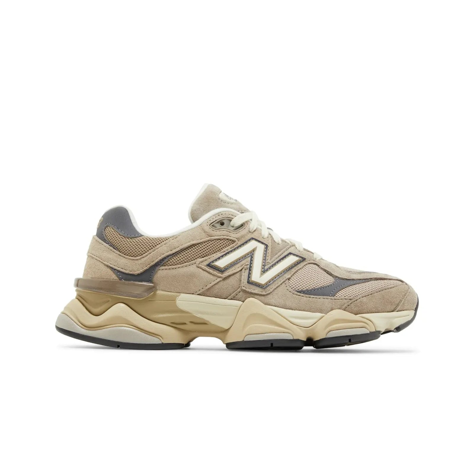 Beige sneaker with New Balance logo on a white background