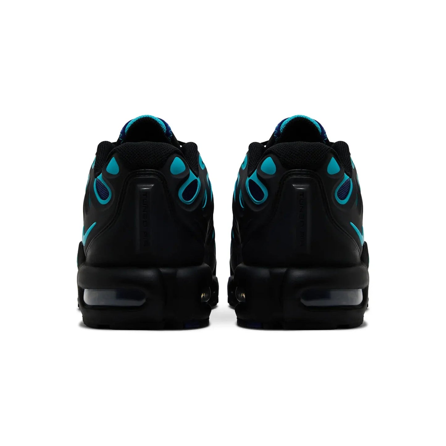 Black sneakers with blue accents on a white background