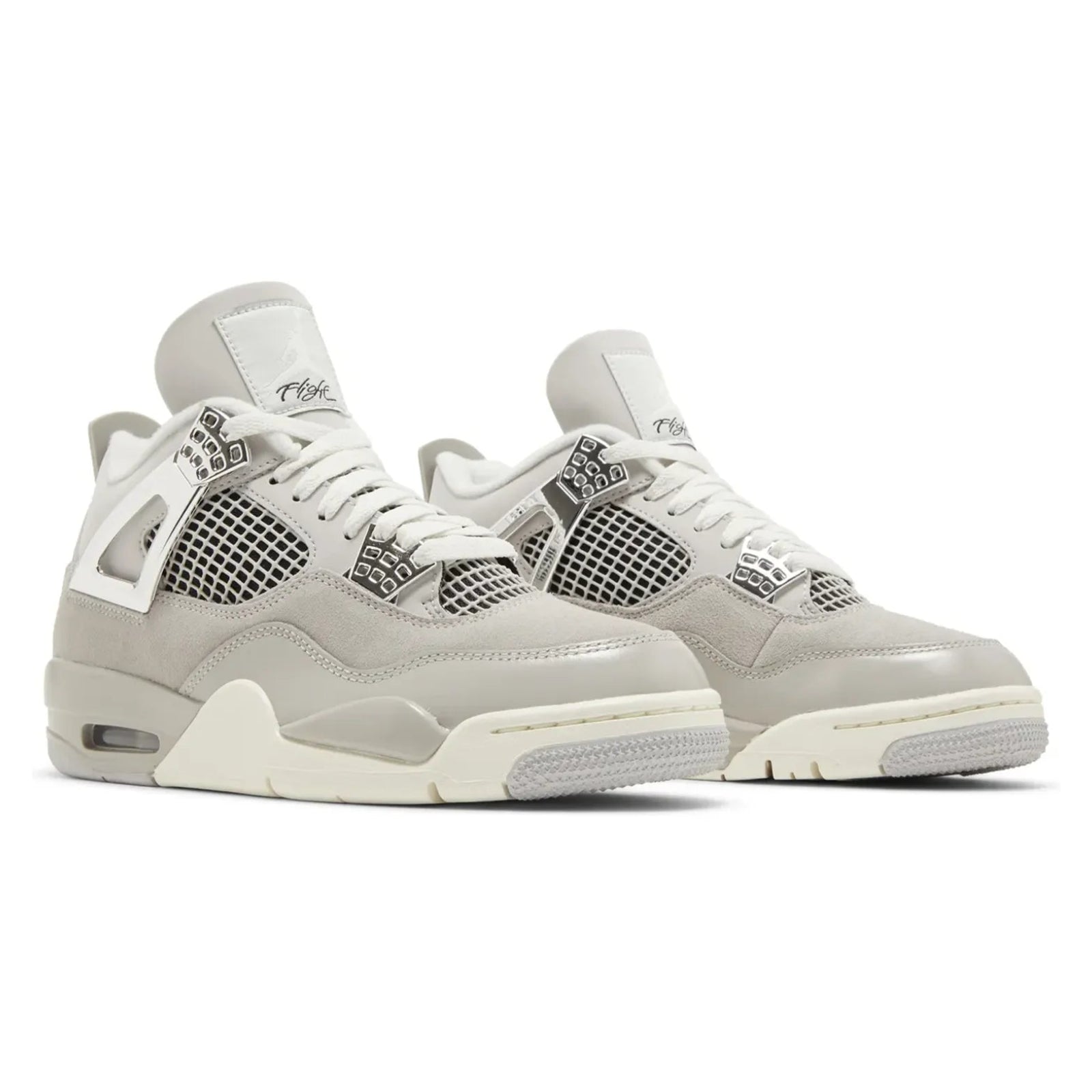 Pair of light gray sneakers with white accents on a white background