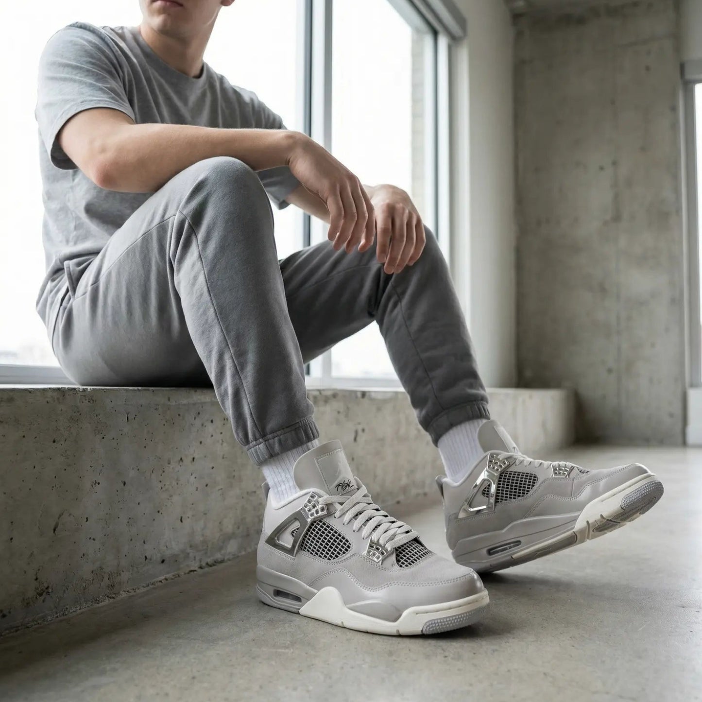 Person wearing beige sneakers sitting on a concrete ledge with large windows in the background