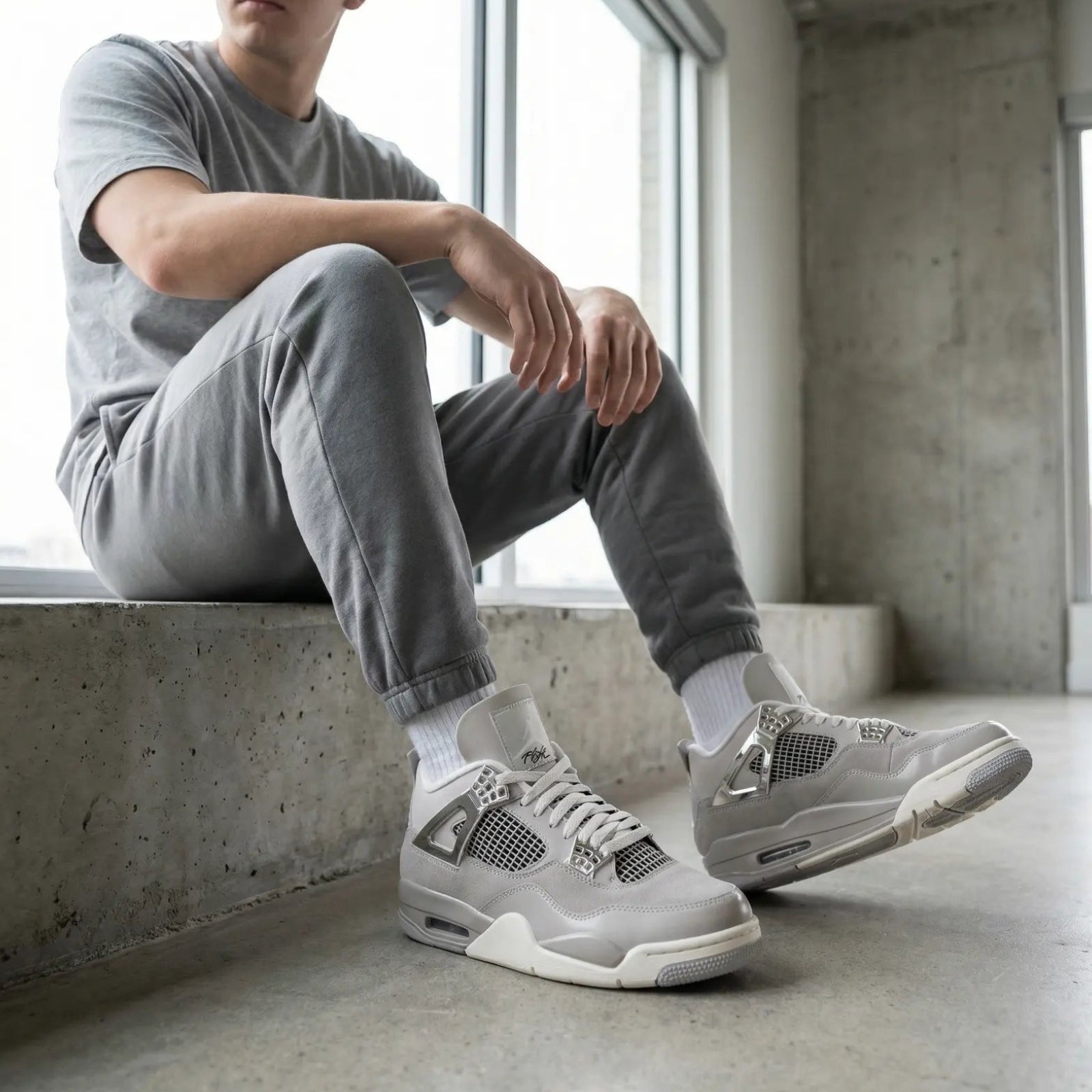 Person wearing beige sneakers sitting on a concrete ledge with large windows in the background
