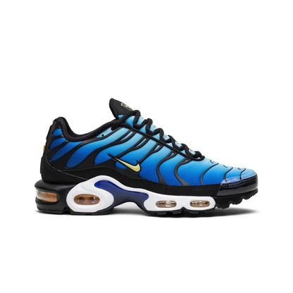 Blue and black sneaker with a prominent brand logo on a white background