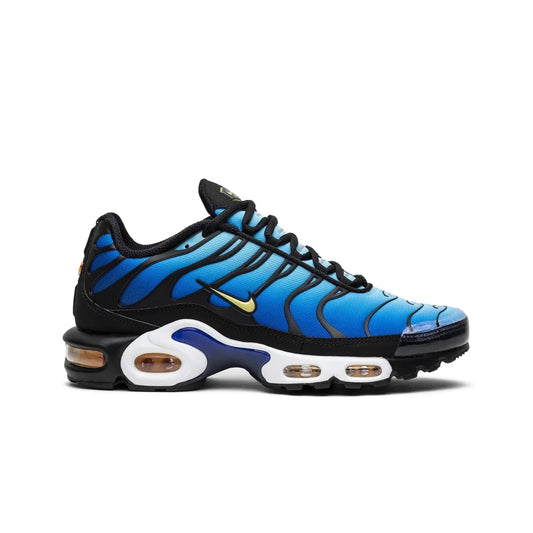 Blue and black sneaker with a prominent brand logo on a white background