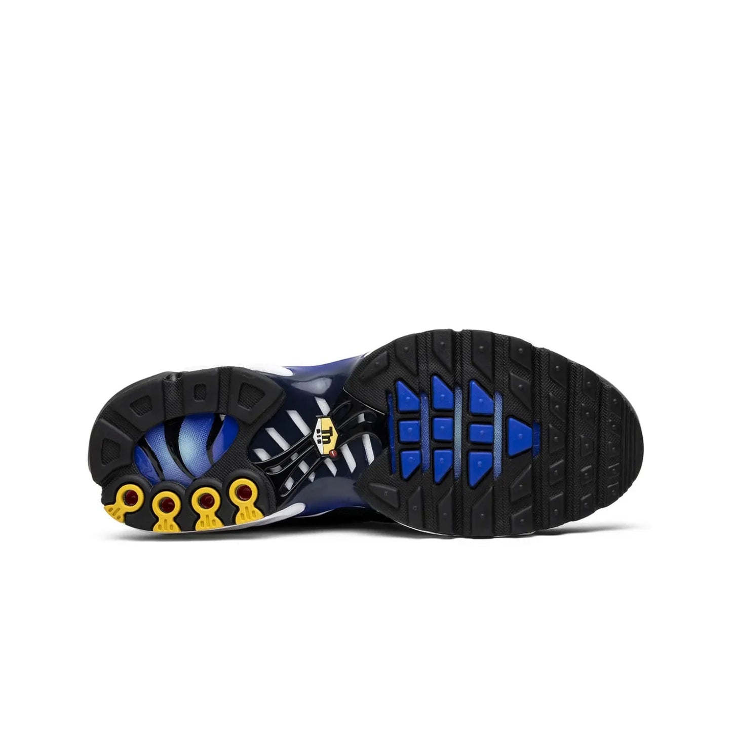 Close-up of a shoe sole with blue and yellow accents on a white background