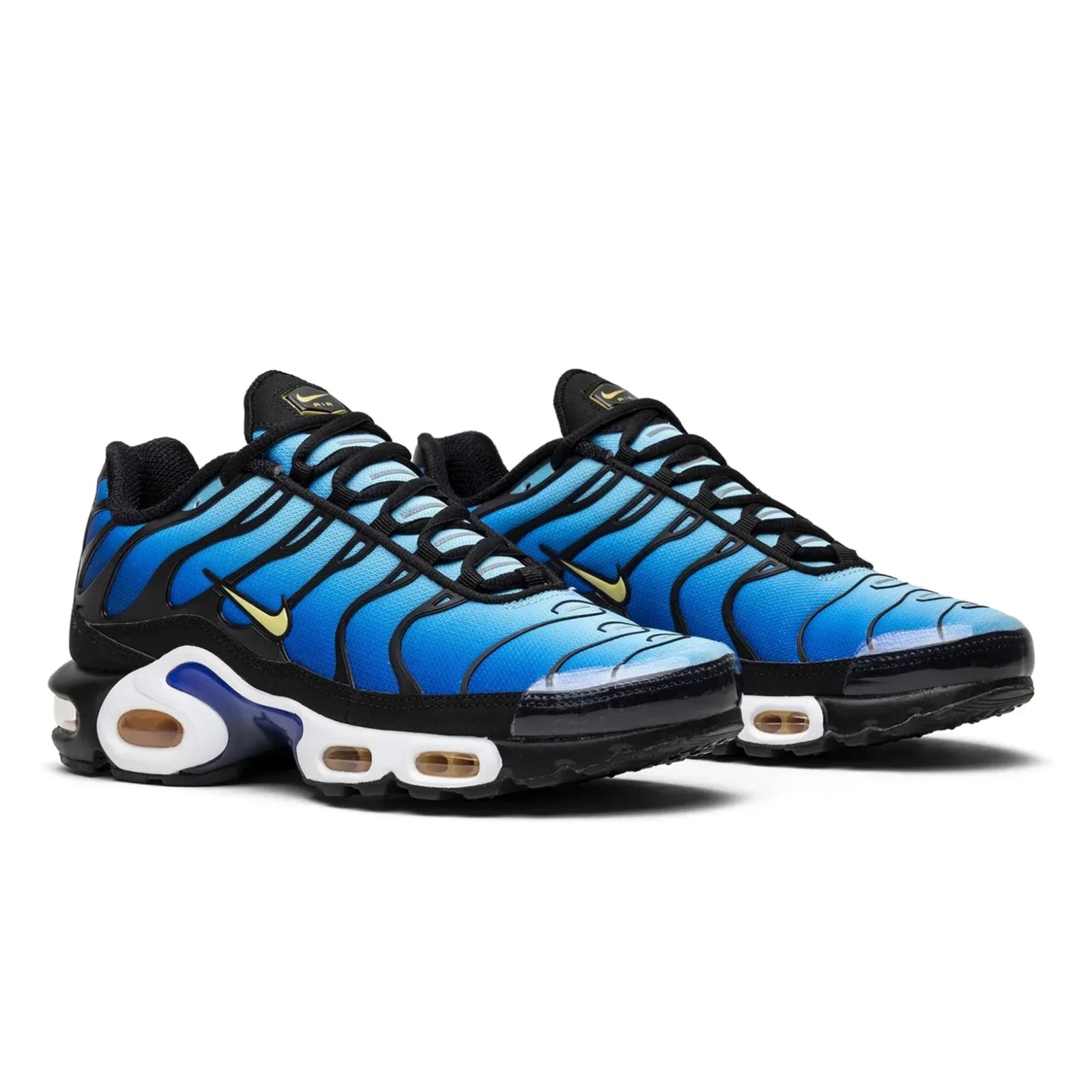 Blue and black Nike sneakers with a white background