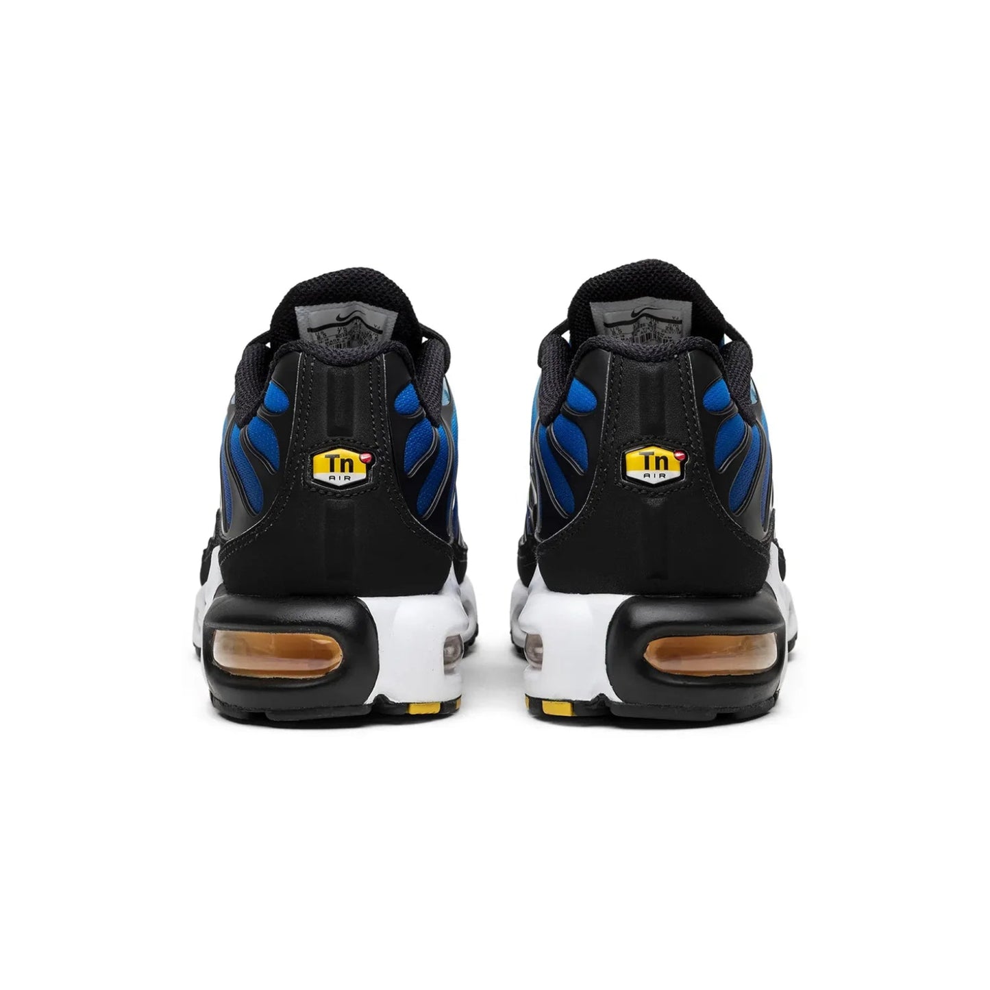 Black and blue sneakers with a visible brand logo on a white background