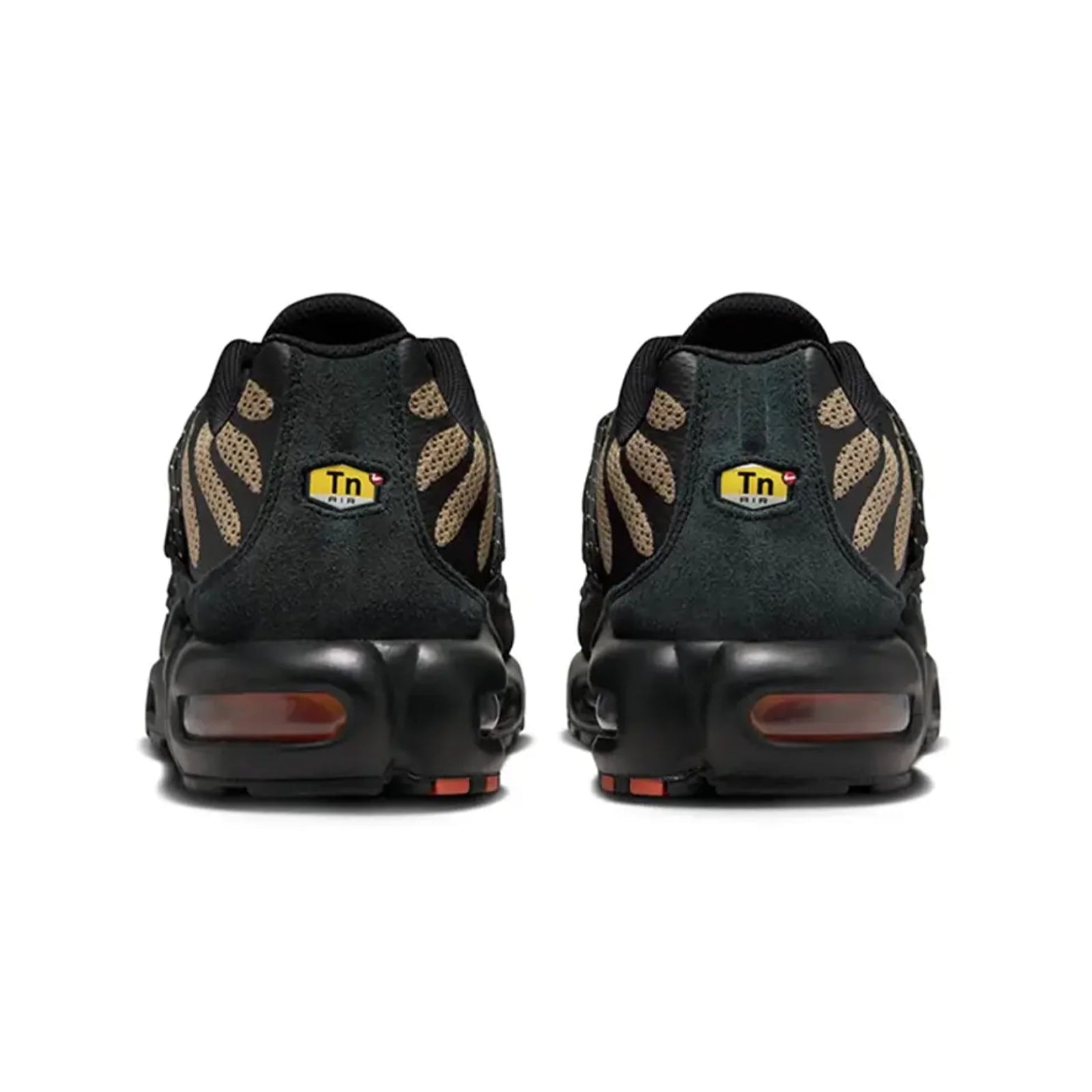 Black athletic shoes with brand logo on a white background