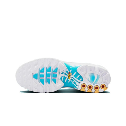 Sole of a shoe with blue and white design on a white background