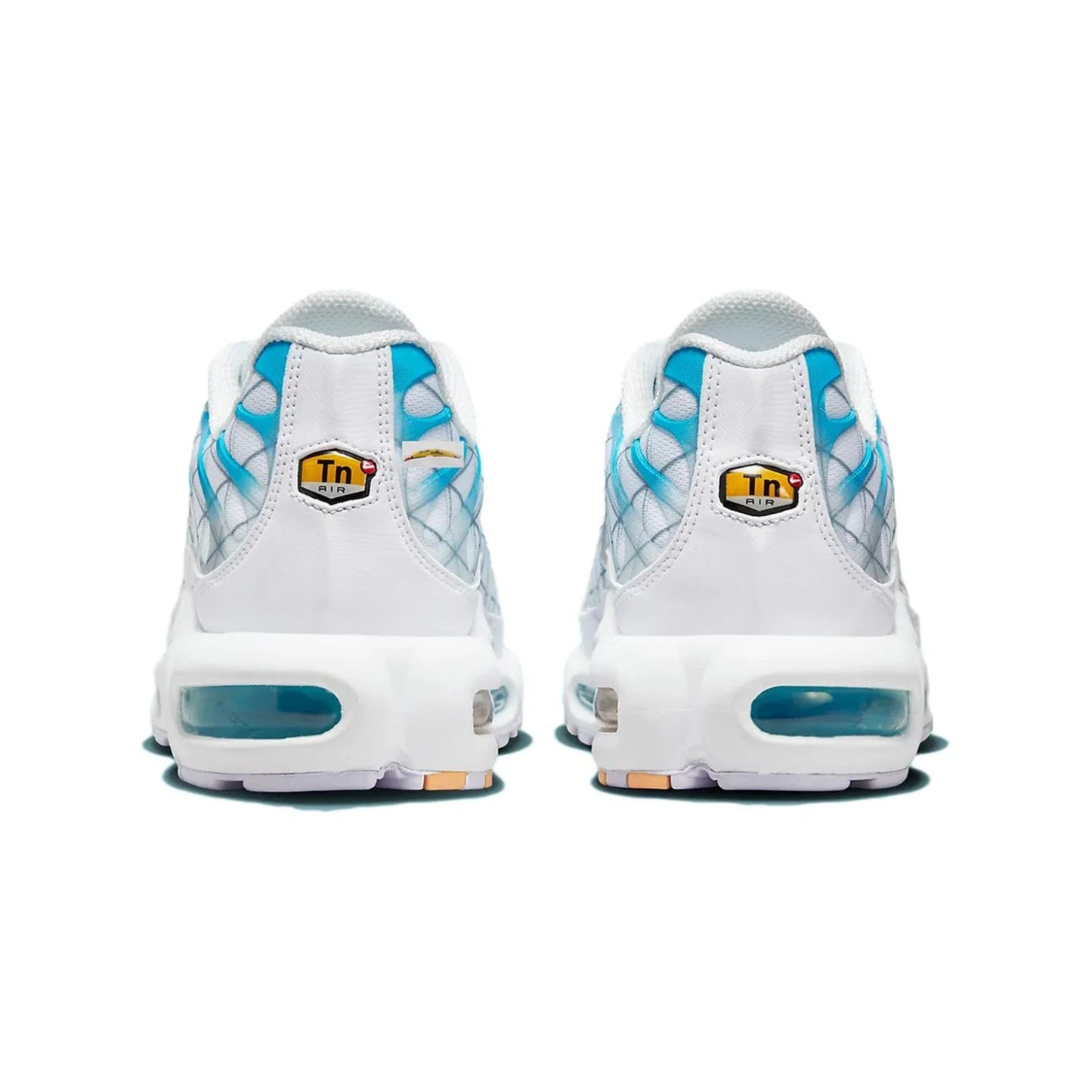 White and blue sneakers with a visible brand logo on a white background