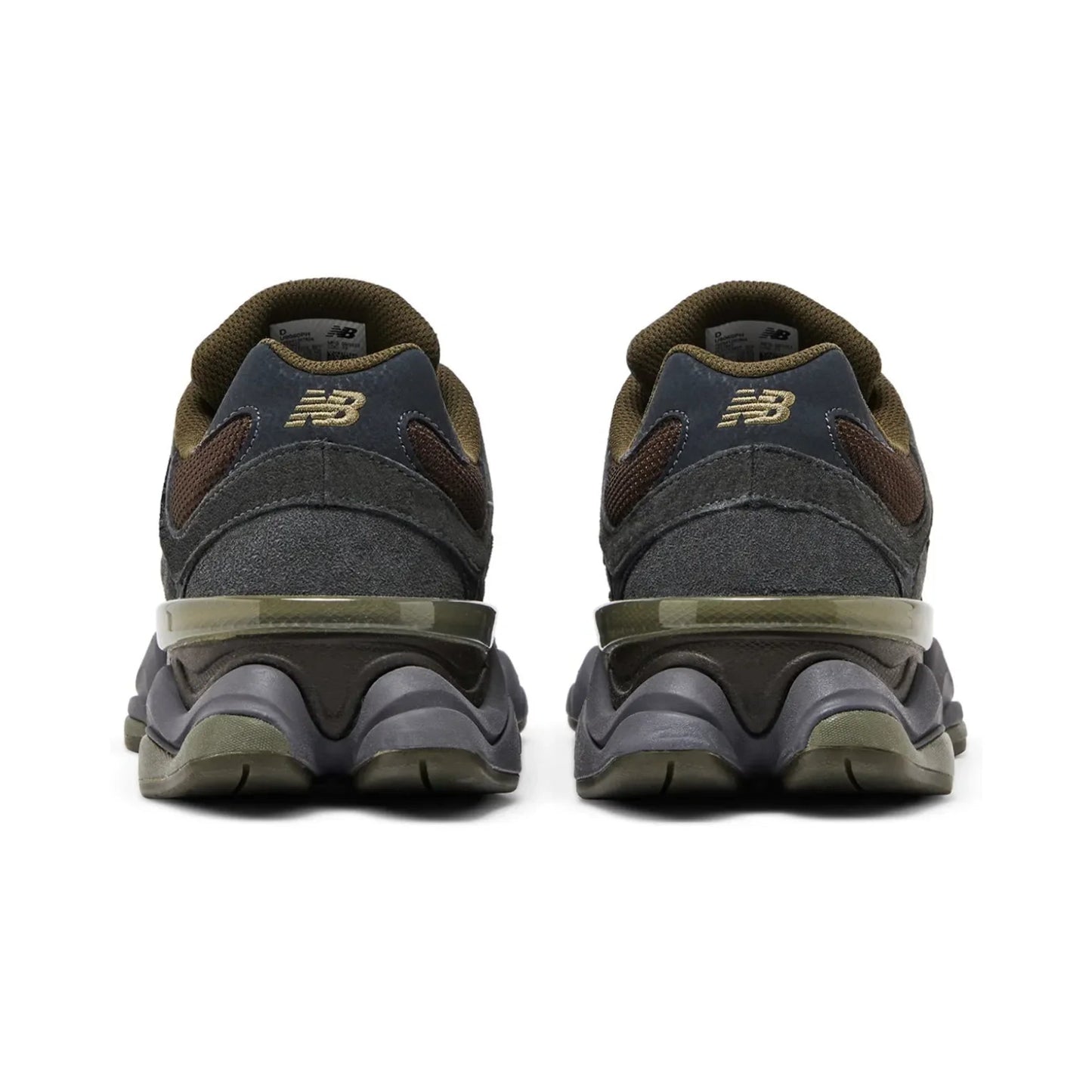 Pair of dark gray and brown shoes on a white background